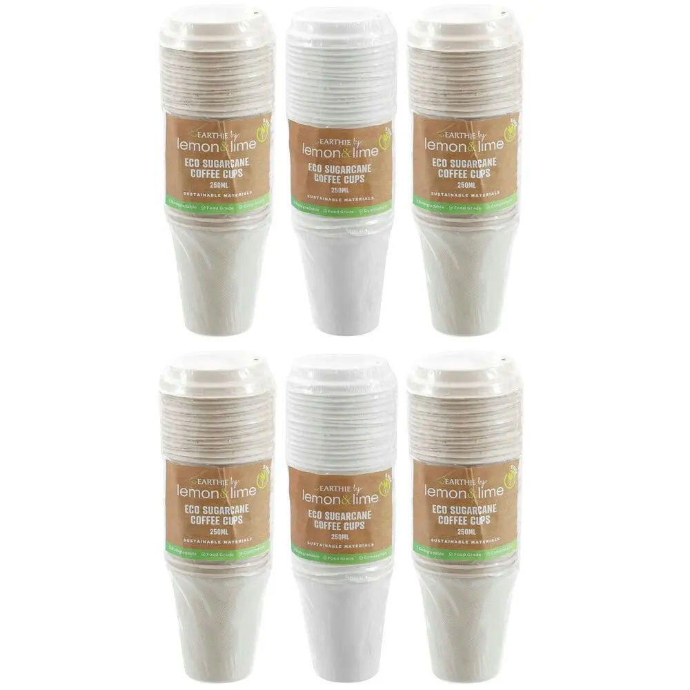 6x 15PK Lemon & Lime 250ml Eco Sugarcane Coffee Cup w/ Lid Biodegradable Sip Mug