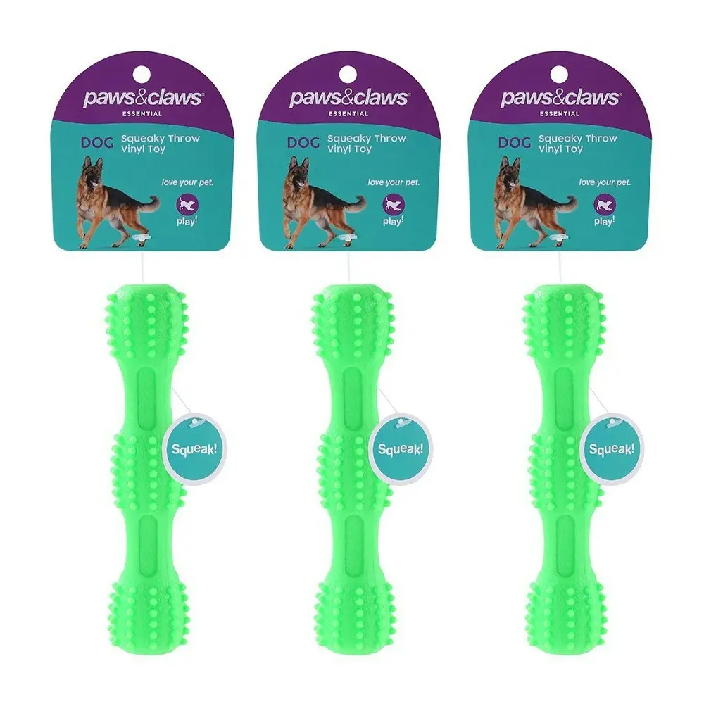 3x Paws & Claws Pet/Dog 18x4.5cm TPR Squeaky Throw Stick Vinyl Rubber Toy Green