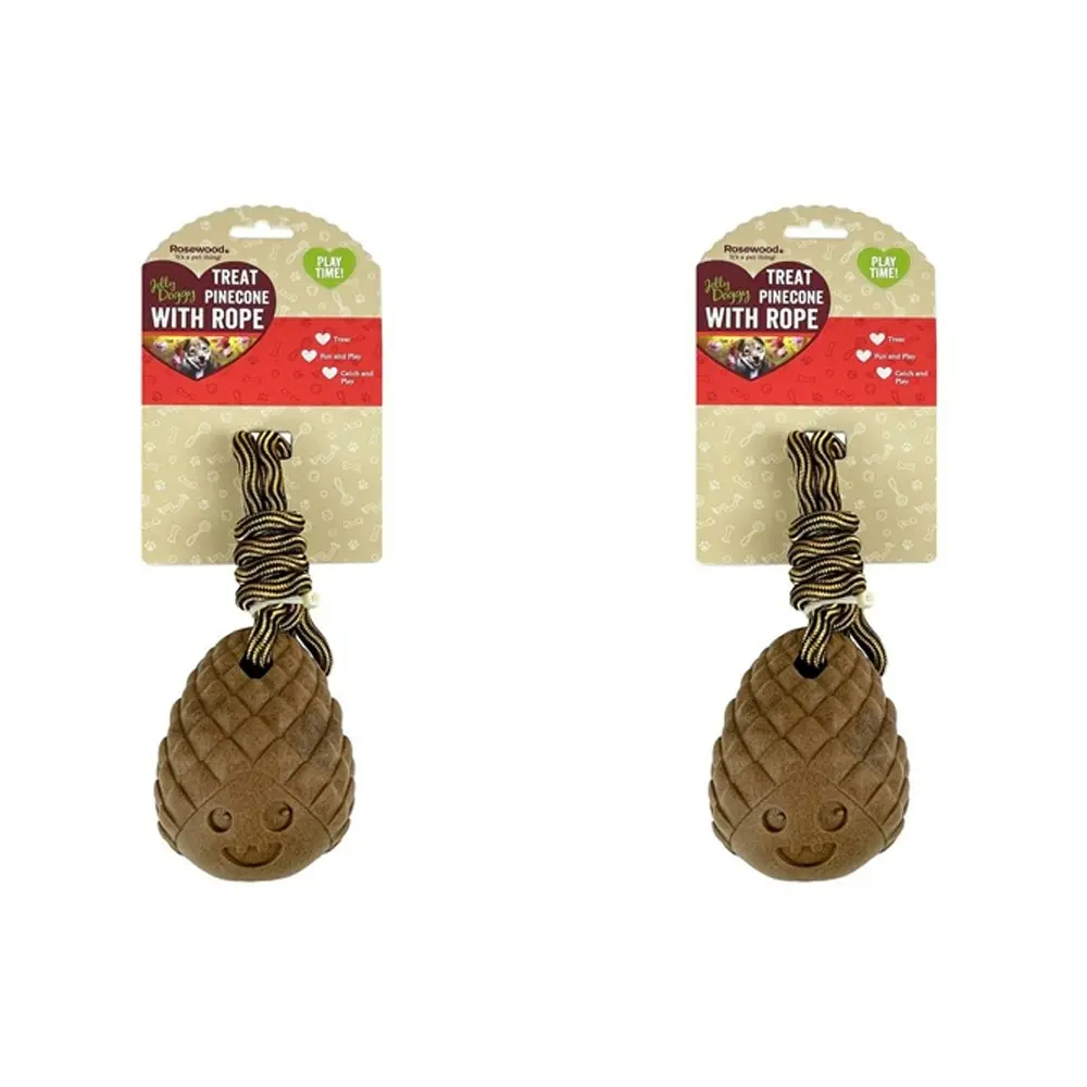 2x Rosewood Treat Pinecone w/ Rope Pet Dog Interactive Fetch Fun Play Toy Brown