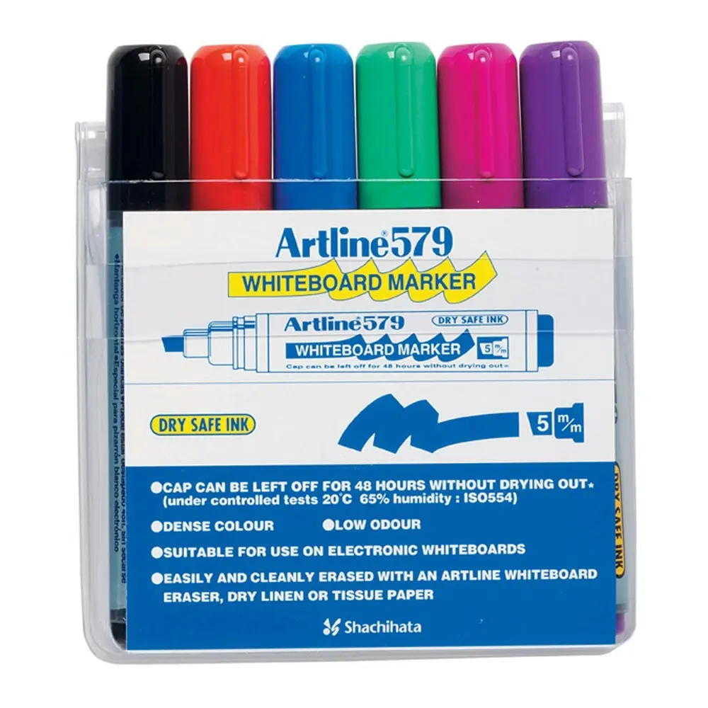 6pc Artline 579 5mm Chisel Nib Office Whiteboard Marker Assorted Colours Wallet