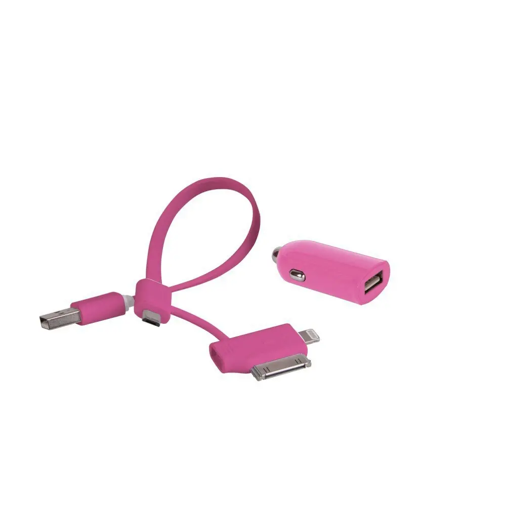 Laser 2.4A USB Car Charger w/ 3in1 Cable Connector Cord For iPhone/Tablet Pink