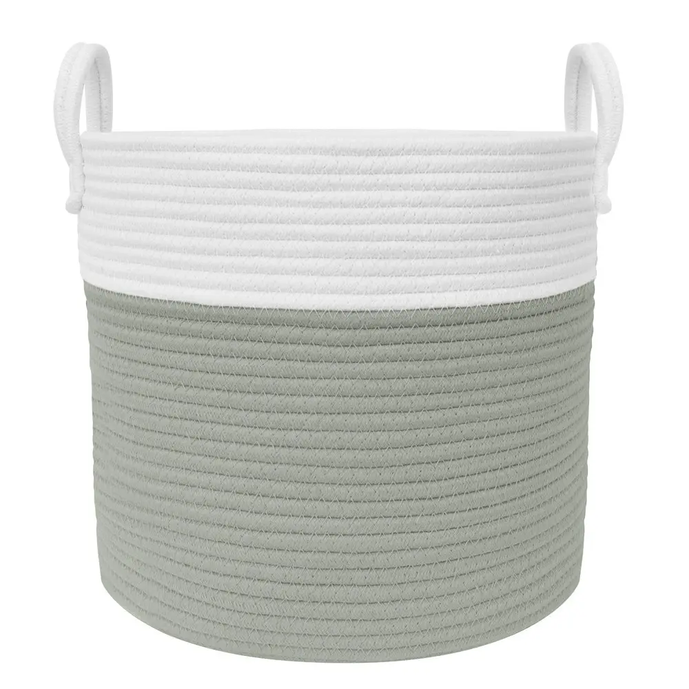 Living Textiles 35cm Cotton Rope Hamper Laundry Basket Storage Medium White/Sage