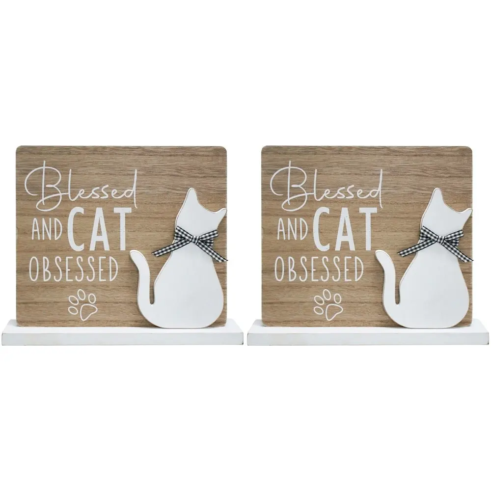 2x LVD 25cm MDF Sign Blessed Cat Home/Room Decorative Plaque Tabletop Display