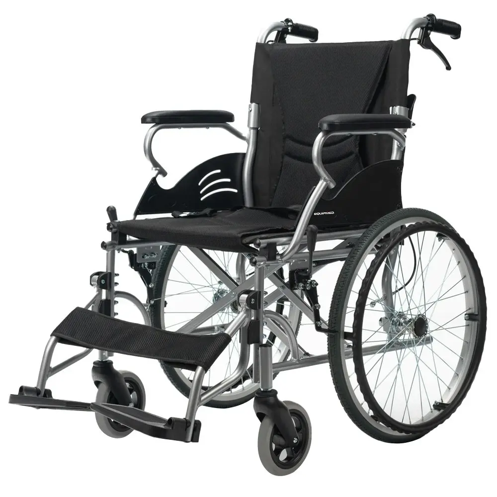 Equipmed 20 Inch Folding Wheelchair Lightweight Aluminium Portable with Park Brakes, Black