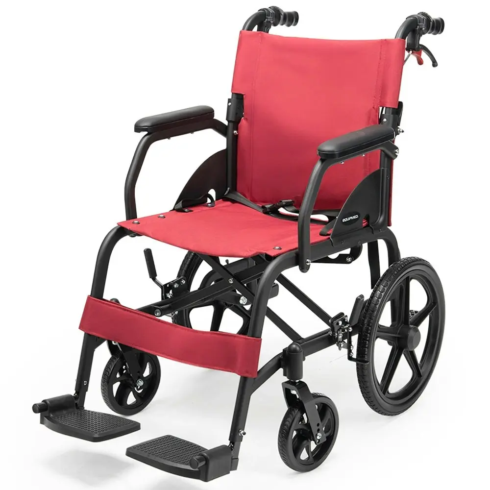 Equipmed Folding Transit Wheelchair, Lightweight Aluminium for Easy Transport, Crimson Red