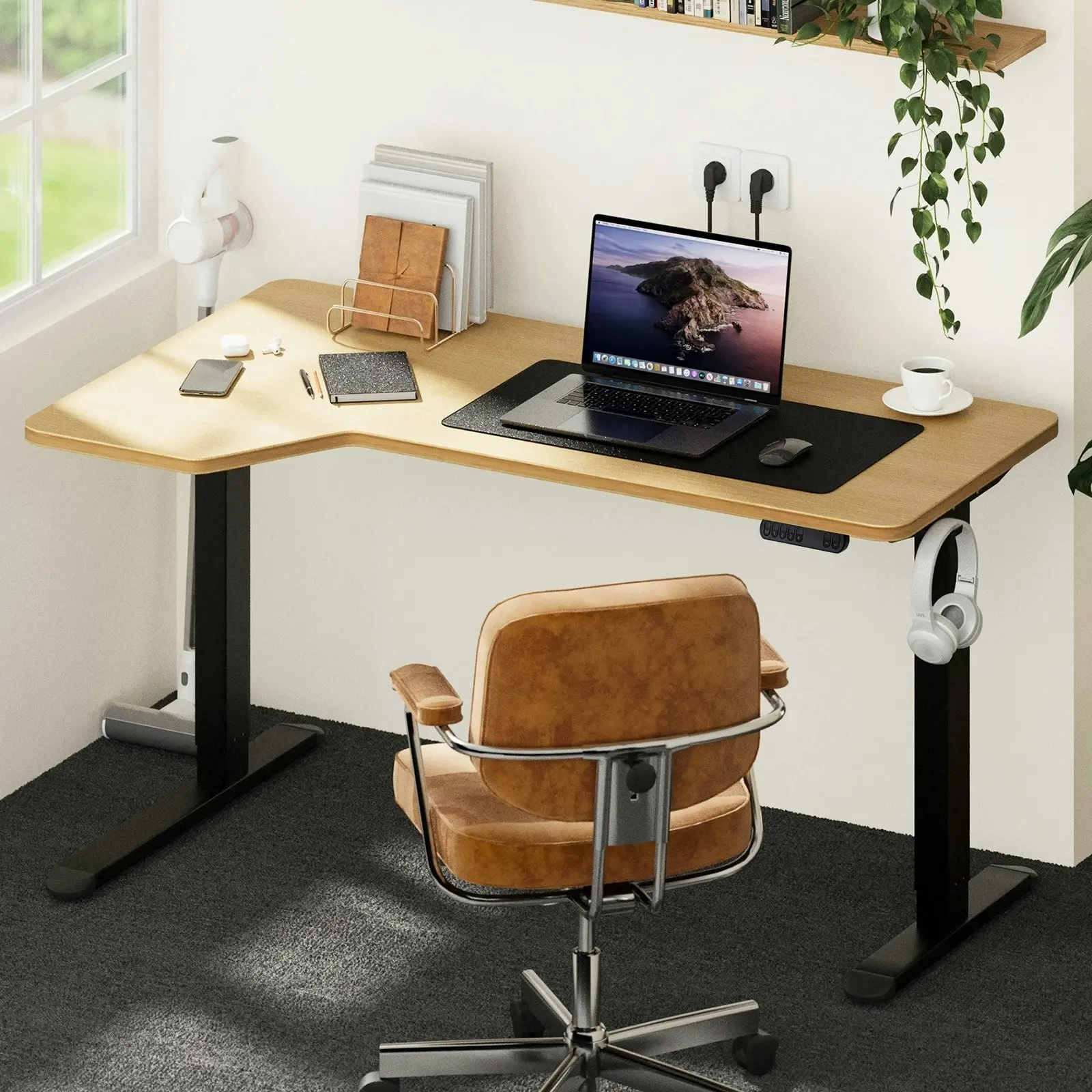 Oikiture L-shape Electric Standing Desk Single Motor Black Frame 145CM OAK Desktop