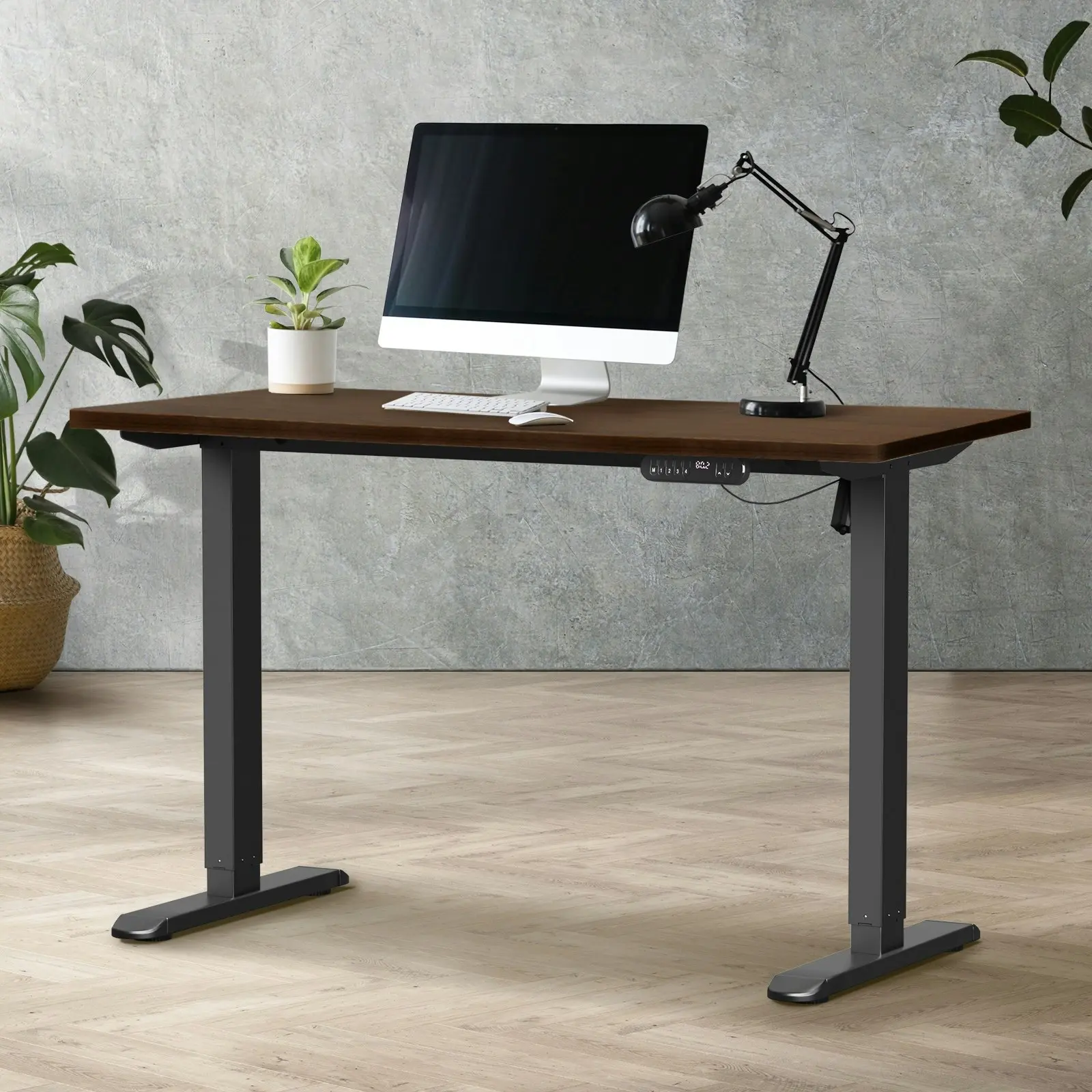 Oikiture Electric Standing Desk Single Motor Black Frame 140CM Walnut Tabletop