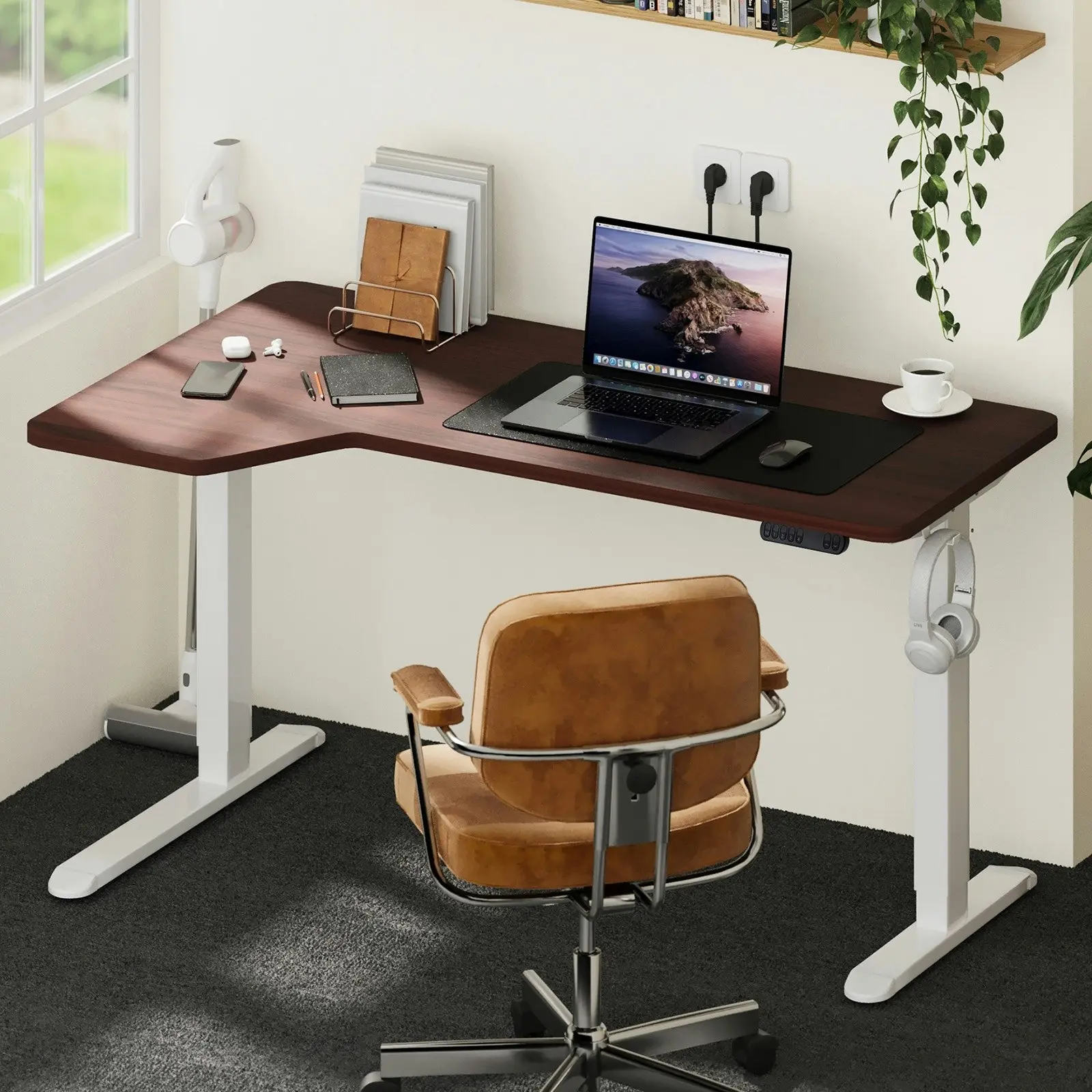 Oikiture L-shape Electric Standing Desk Single Motor White Frame 145CM Walnut Desktop