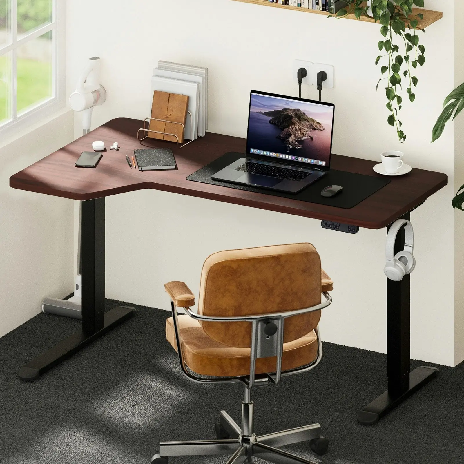 Oikiture L-shape Electric Standing Desk Single Motor Black Frame 145CM Walnut Desktop