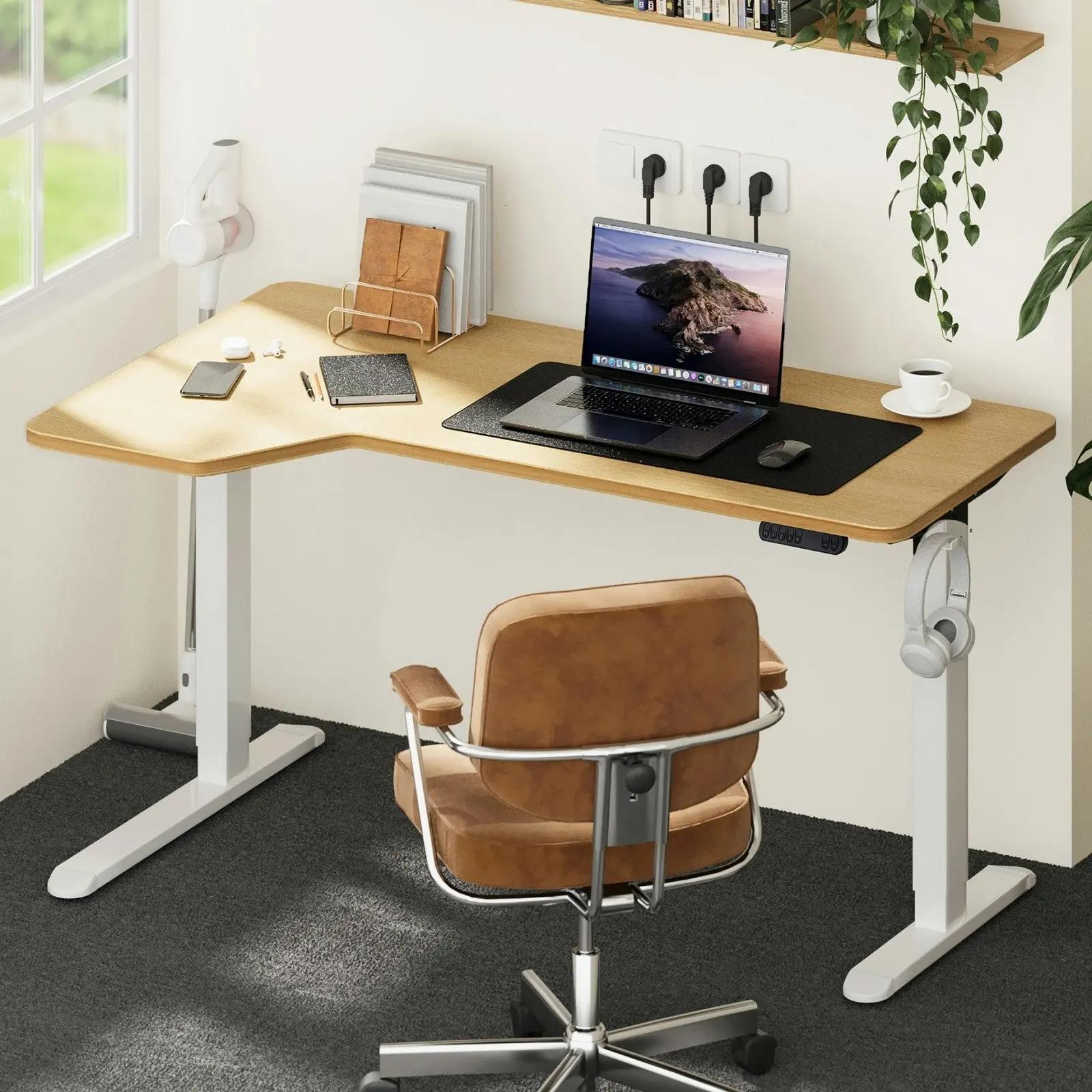 Oikiture L-shape Electric Standing Desk Single Motor White Frame 145CM OAK Desktop