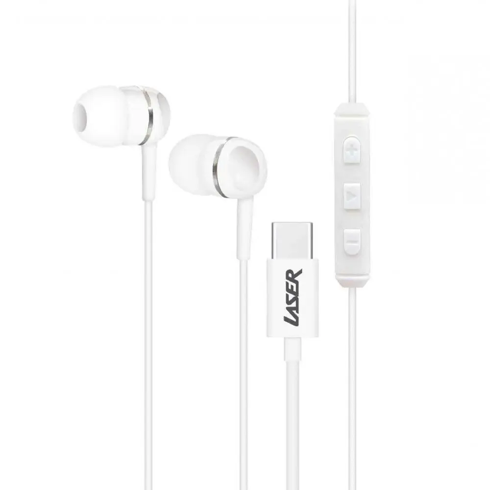 Laser USB-C Silicone Tip Earphones 1.2m w/ Microphone For iPhone/Samsung White