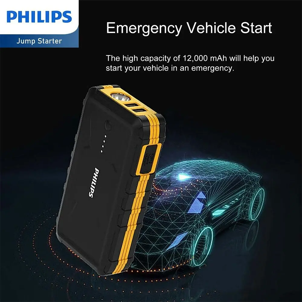 Philips 12000mAh Portable Emergency Car Battery Jump Starter For 12V Vehicle BLK