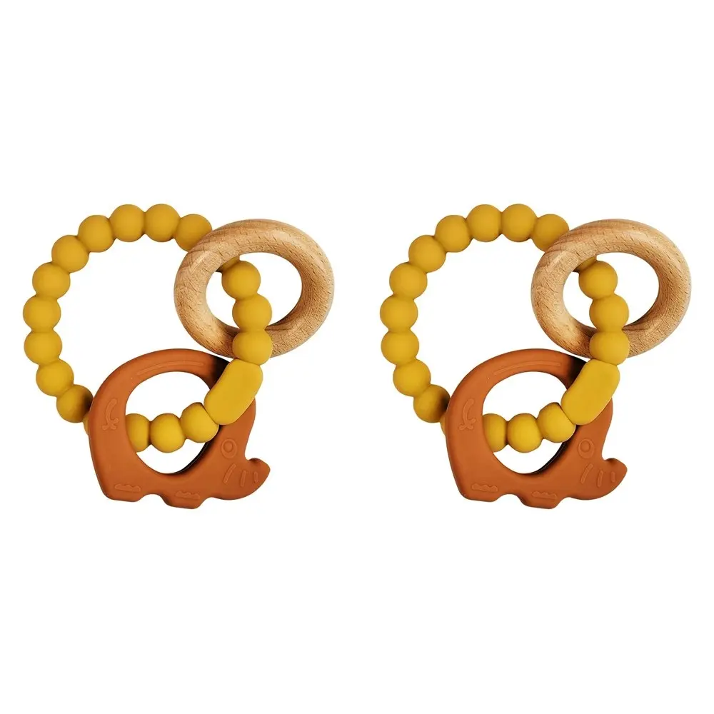 2x Urban Elephant 14cm Silicone Teether Ring Baby/Infant Toy Mustard & Natural