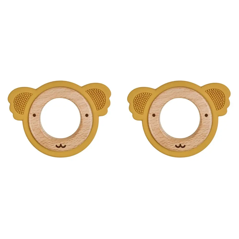 2x Urban Koala 8.5cm Silicone/Wood Teether Ring Baby Feeding Mustard/Natural