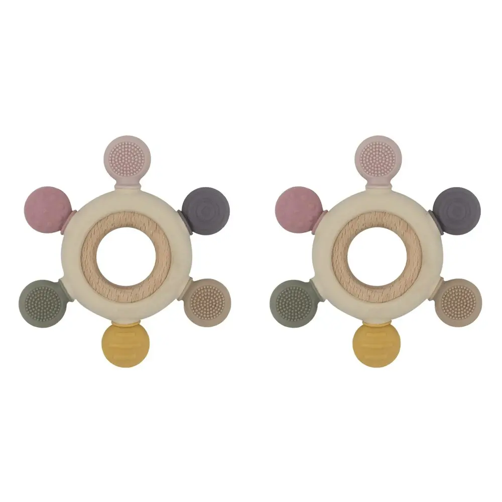 2x Playground Multi-Surface Baby 11cm Silicone/Beechwood Teething Wheel 3m+ Rose