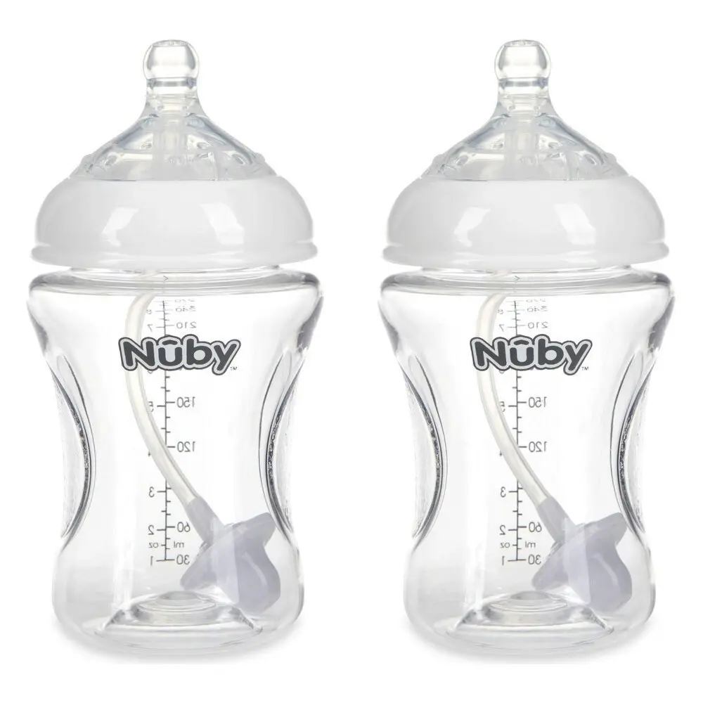 2x Nuby Tritan Baby Anti-Colic Clear Drinking Bottle w/ 360 Weighted Straw 270ml