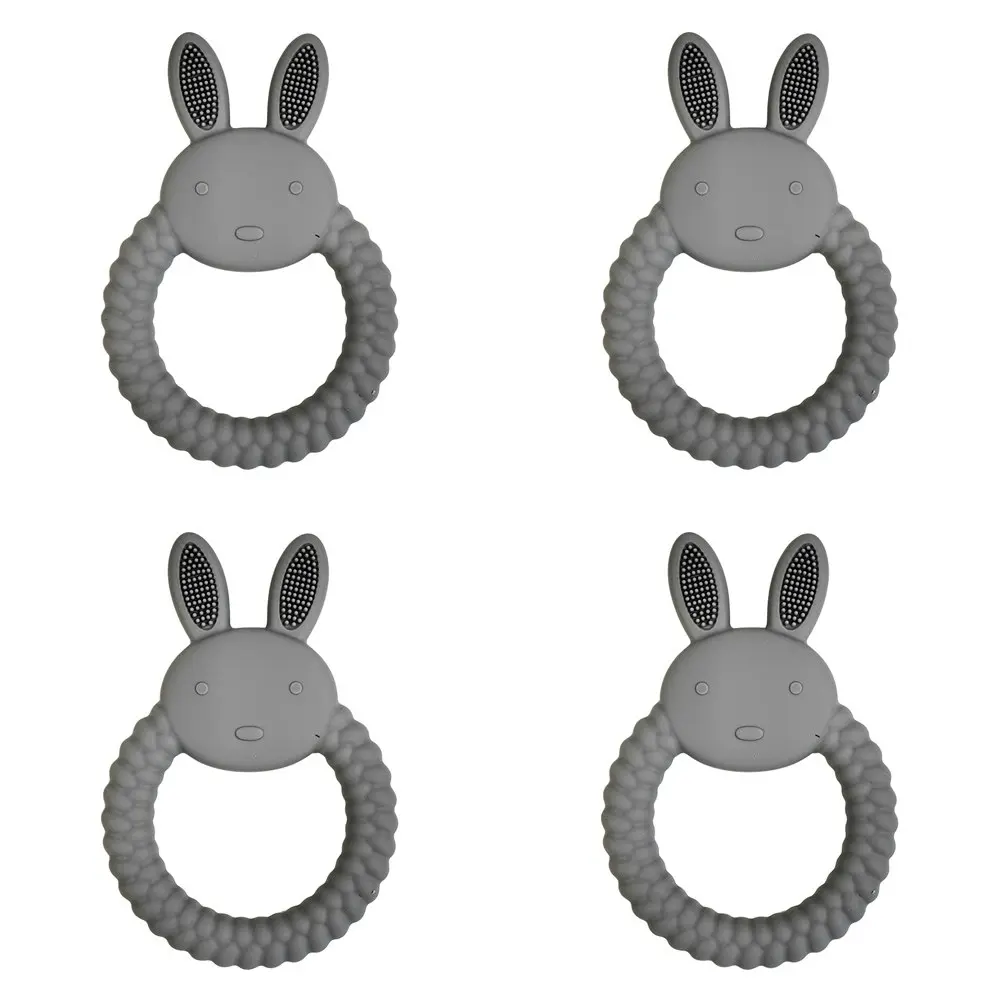 4x Urban Bunny 11cm Silicone Teether Ring Baby Teething Chew Toy Round Blue