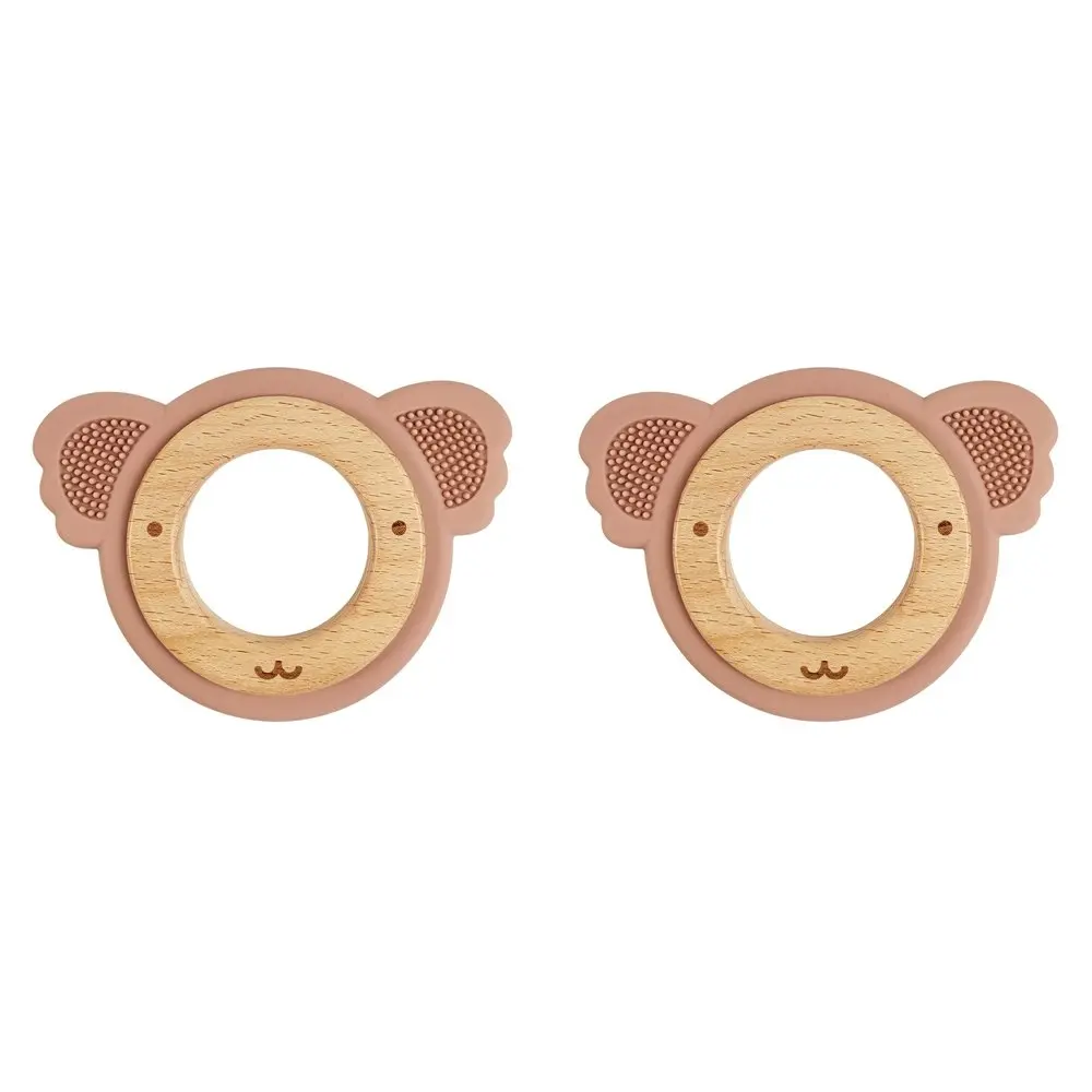 2x Urban Koala 8.5cm Silicone/Wood Teether Ring Baby/Infant Feeding Blue/Natural