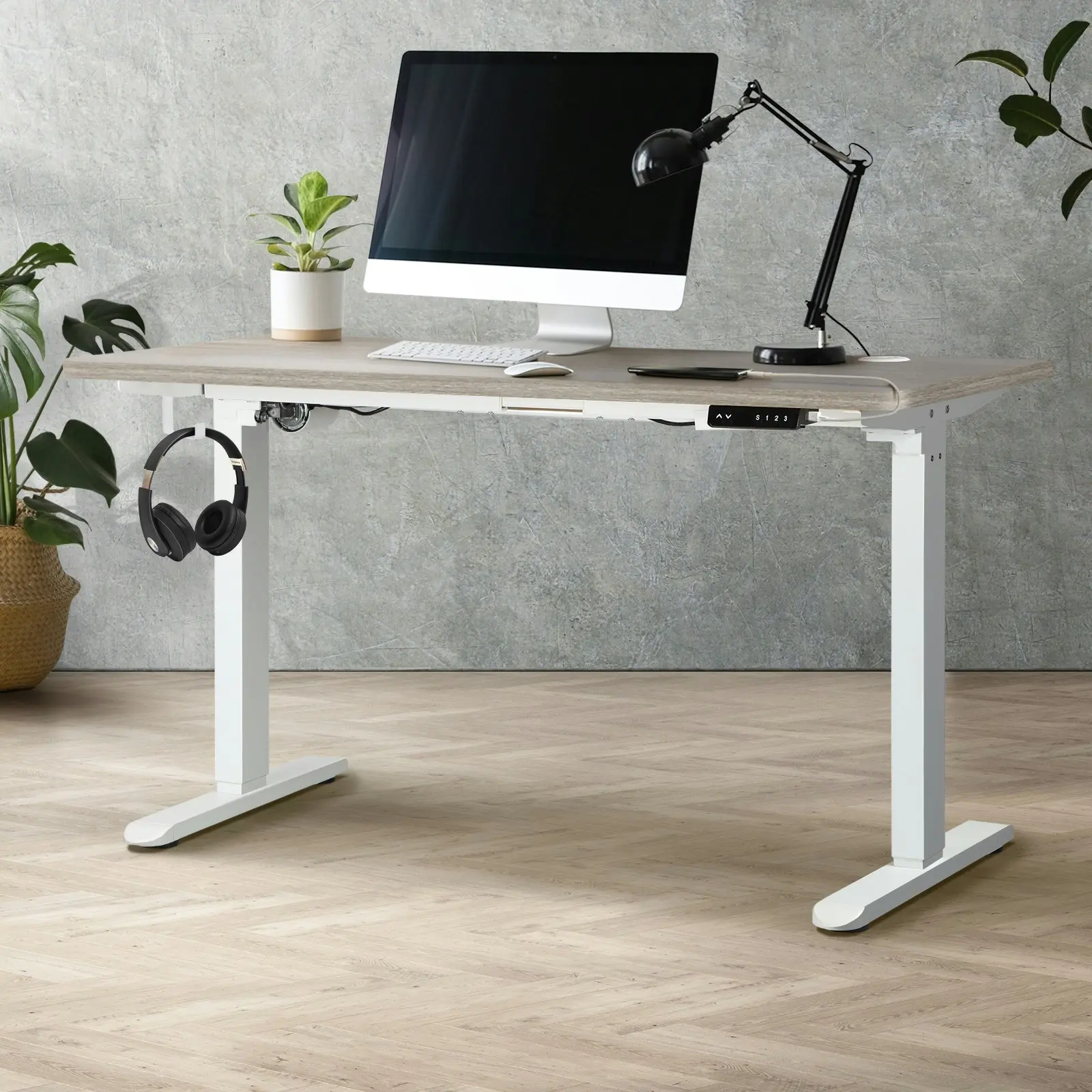 Oikiture 140cm Electric Standing Desk Single Motor Grey-Oak Desktop White Frame