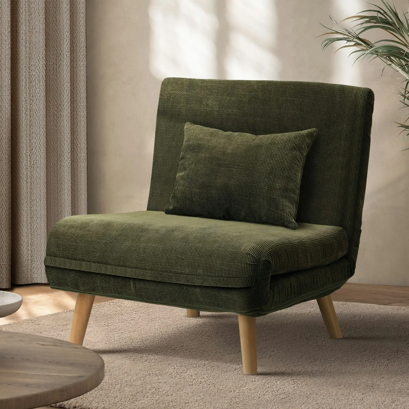 Oikiture Sofa Bed Lounge Chair Polyester Recliner Wood Leg Single Seat Green