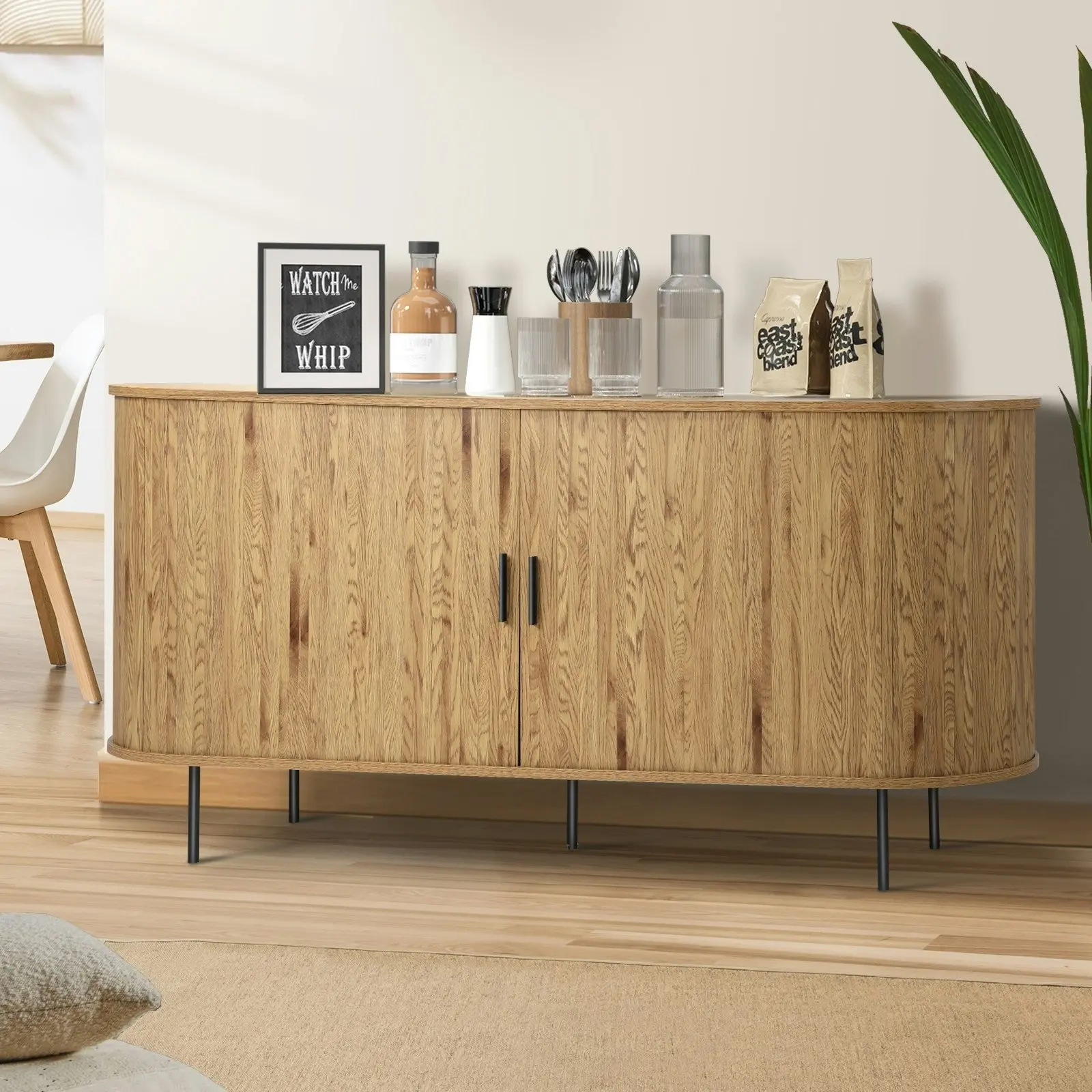 Oikiture Buffet Sideboard Cupboard Sliding Doors Pantry Storage Cabinet Natural