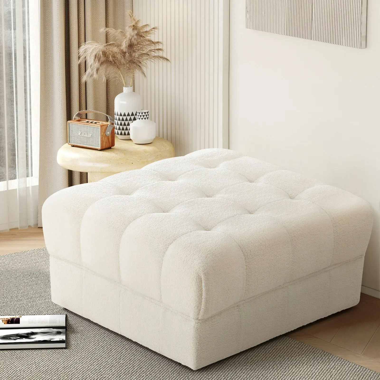 Oikiture 1 Seater Boucle Modular Ottoman Lounge Chair Armless TOFU White