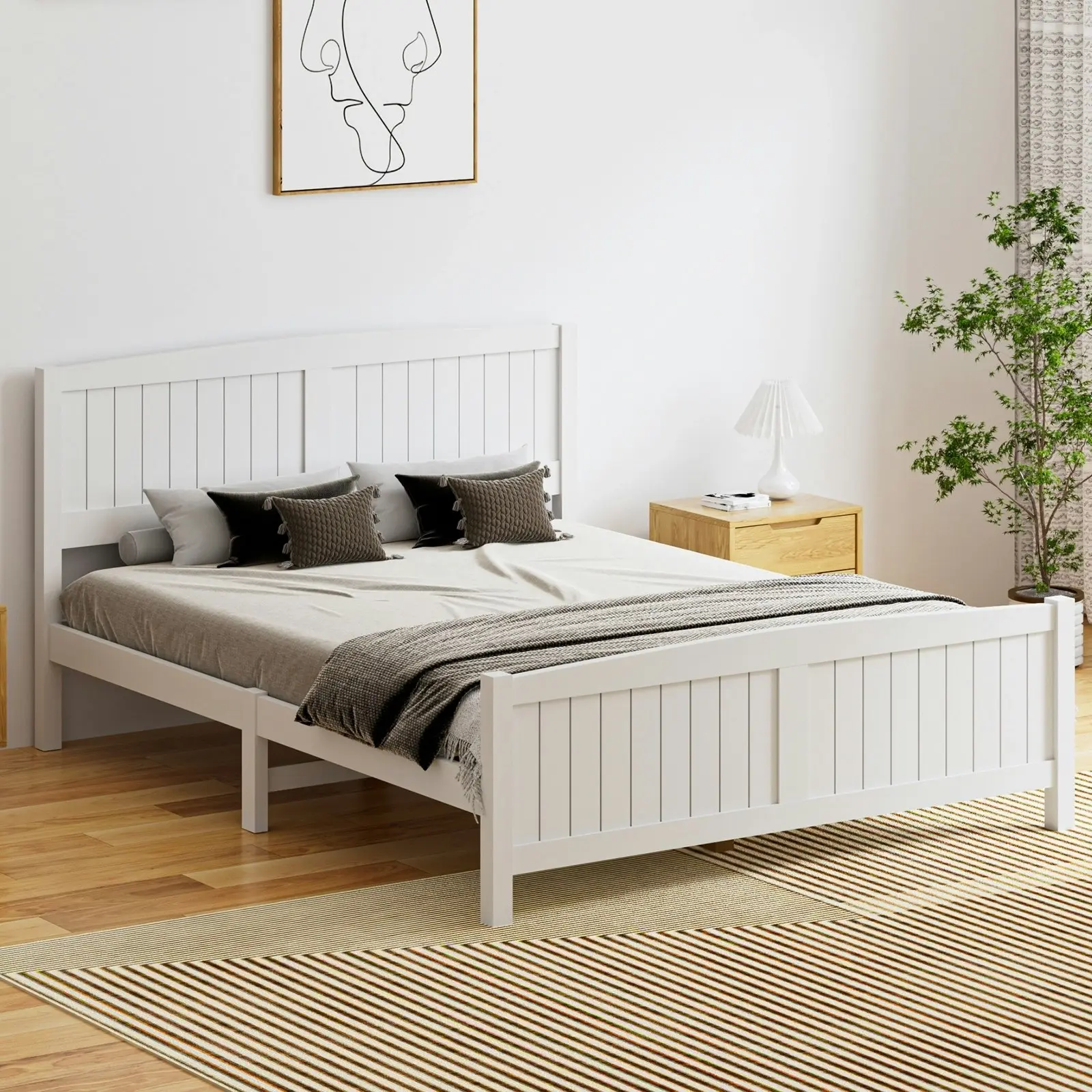 Oikiture Bed Frame Queen Size Wooden Base Timber Platform White