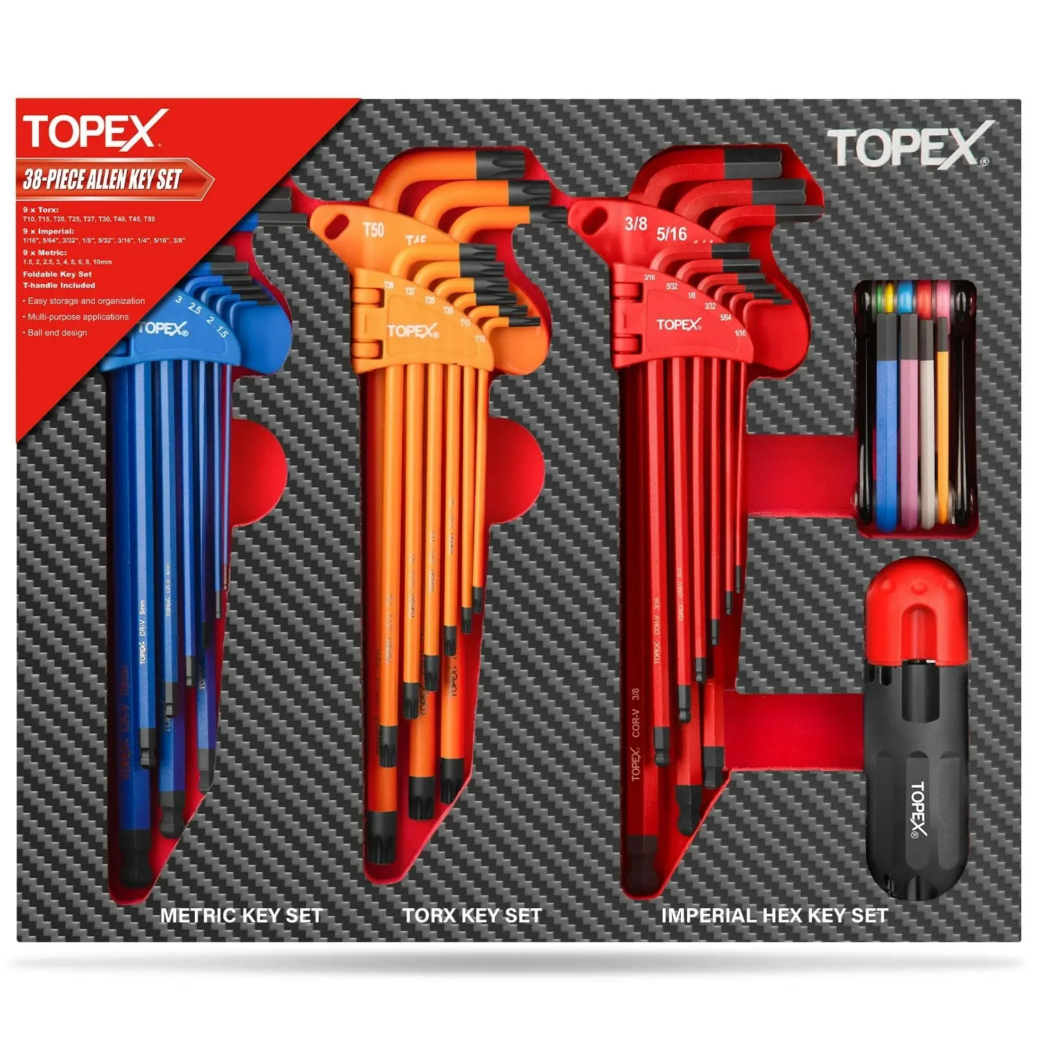 Topex 38Pcs Allen Key Set Hex Key Allen Wrench Folding Hex Key Ball End Metric/SAE/Star