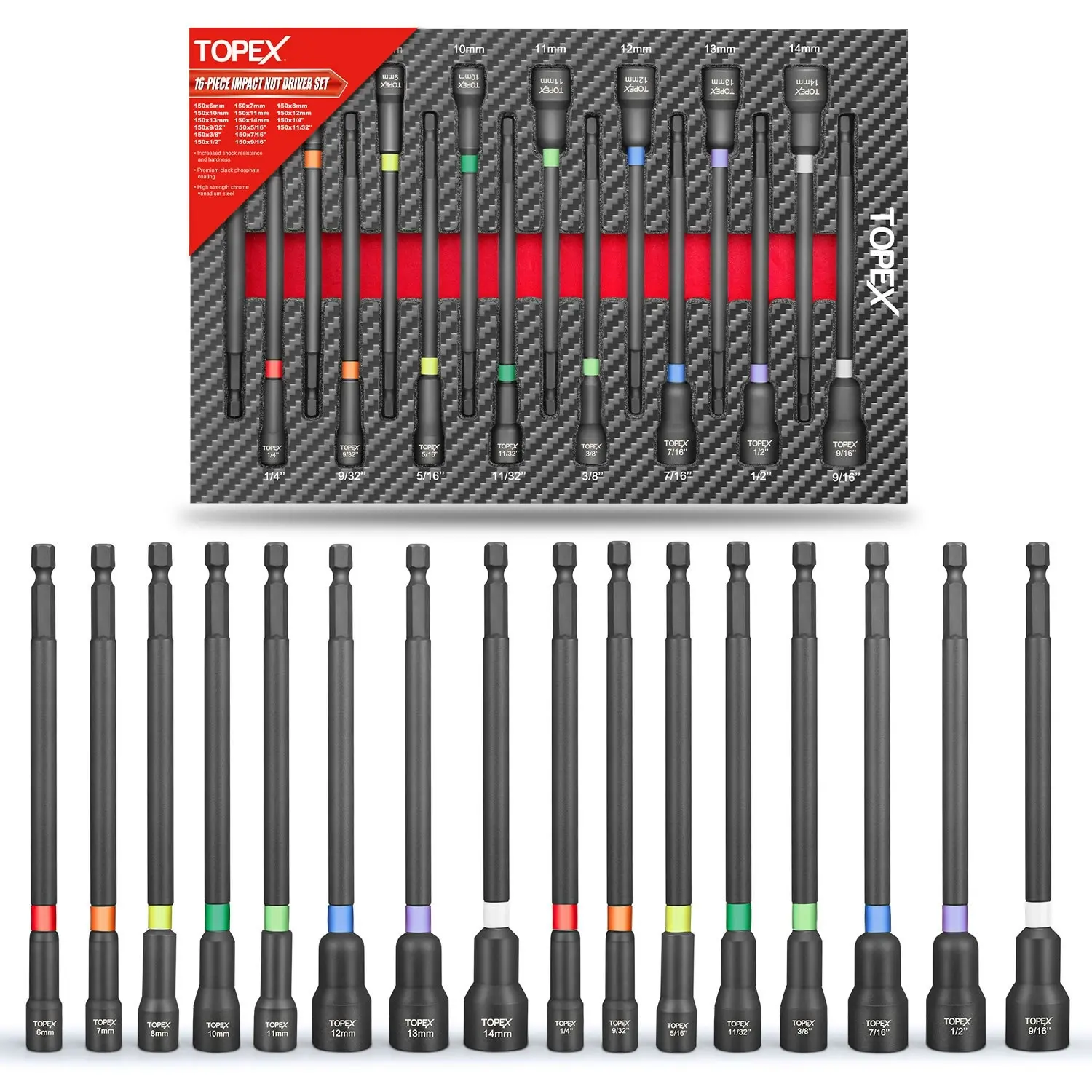 Topex 16Pcs Magnetic Impact Nut Driver Set Impact Grade Socket Extension Power Drill Bit Extensions Hex Shank Adapter Drill Nut Driver Tool Accessory