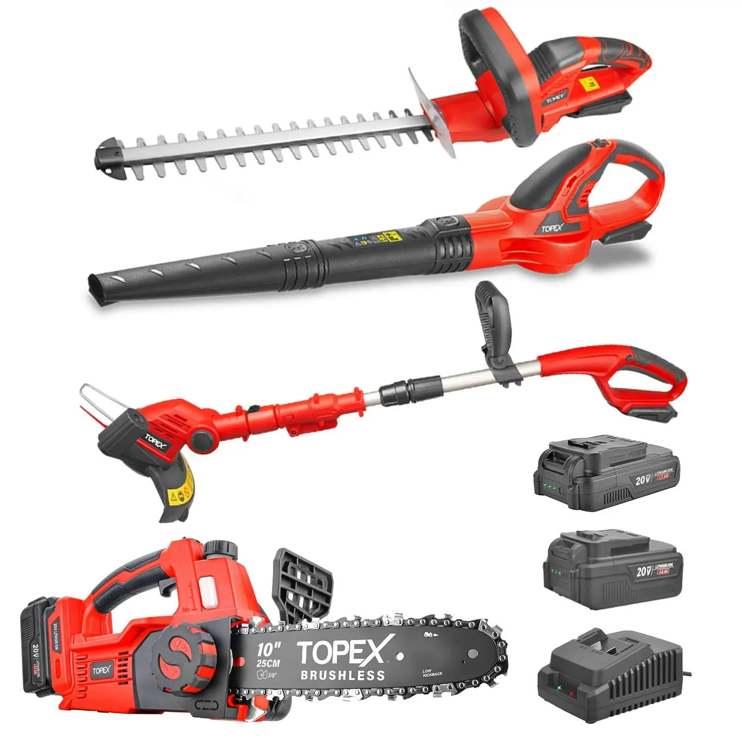 Topex 20V Cordless Power Tool Kit Chainsaw Hedge Trimmer Leaf Blower Grass Trimmer