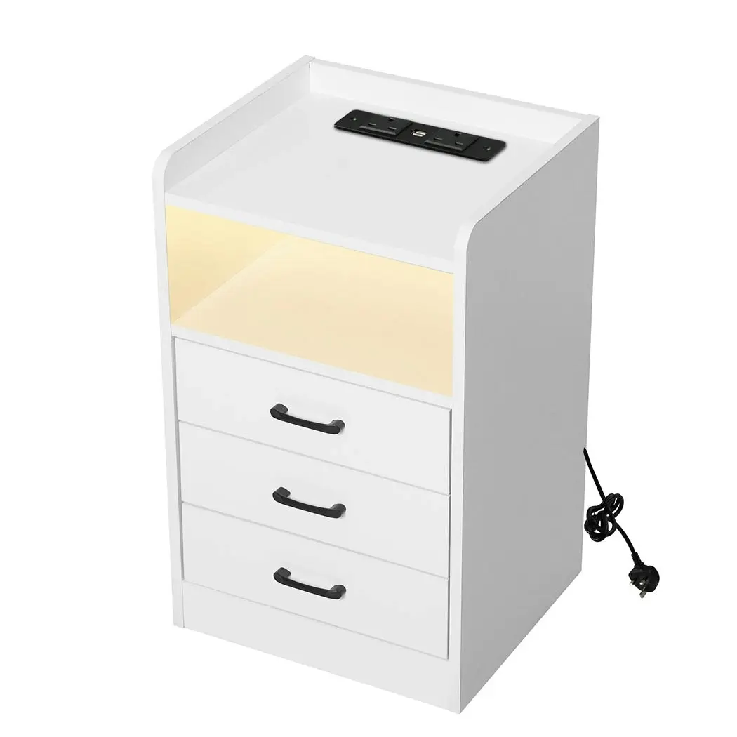 Levede Bedside Table Nightstand USB Charger Outlet RGB LED 3 Drawers White