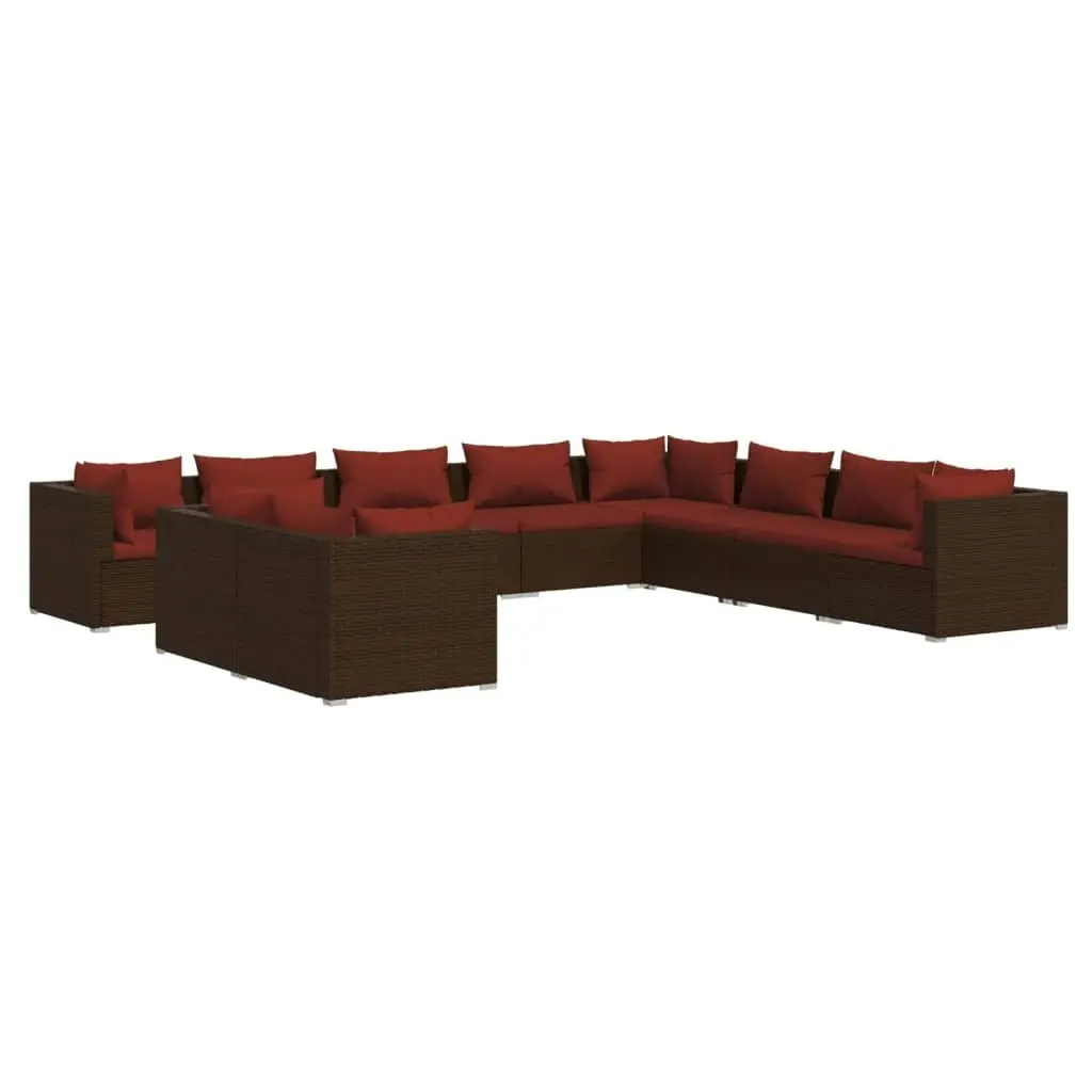 10 Piece Garden Lounge Set with Cushions Brown Poly Rattan 3102515