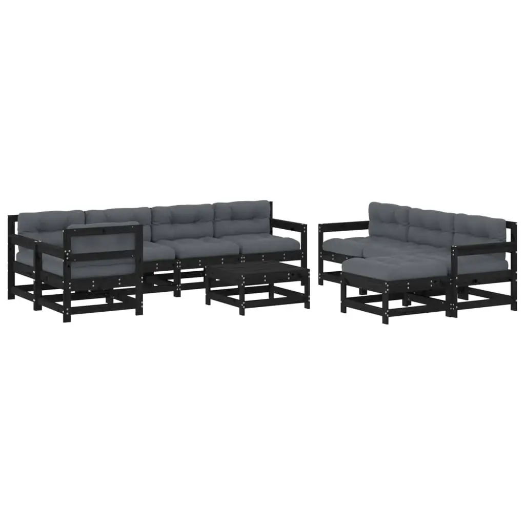 10 Piece Garden Lounge Set with Cushions Black Solid Wood 3186085