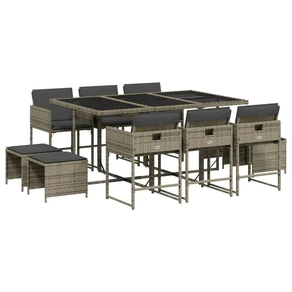 11 Piece Garden Dining Set with Cushions Grey Poly Rattan 3211328