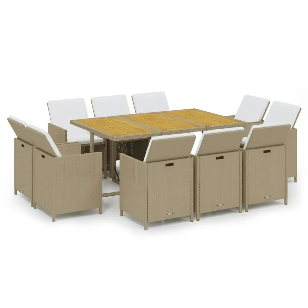 11 Piece Garden Dining Set with Cushions Poly Rattan Beige 3095555