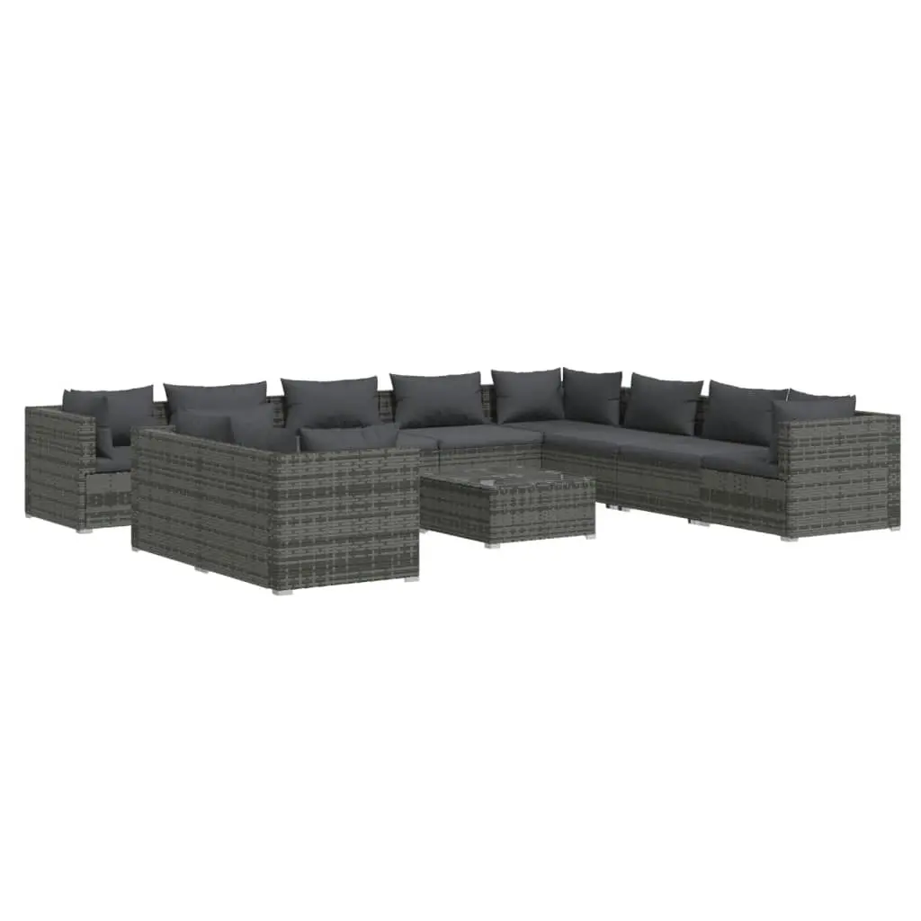 11 Piece Garden Lounge Set with Cushions Grey Poly Rattan 3102525