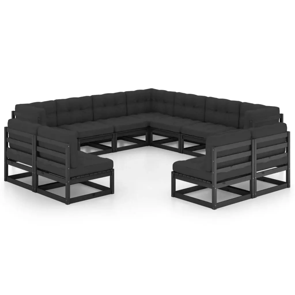 11 Piece Garden Lounge Set with Cushions Black Solid Pinewood 3076938