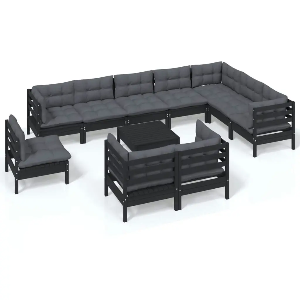 11 Piece Garden Lounge Set with Cushions Black Solid Pinewood 3096789