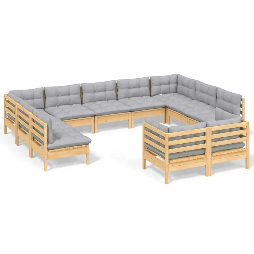 11 Piece Garden Lounge Set with Grey Cushions Solid Pinewood 3097258