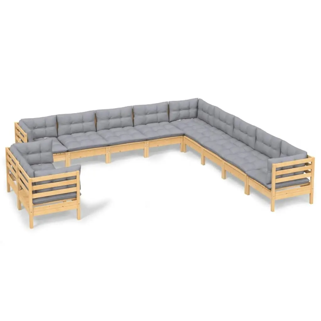 11 Piece Garden Lounge Set with Grey Cushions Solid Pinewood 3096922