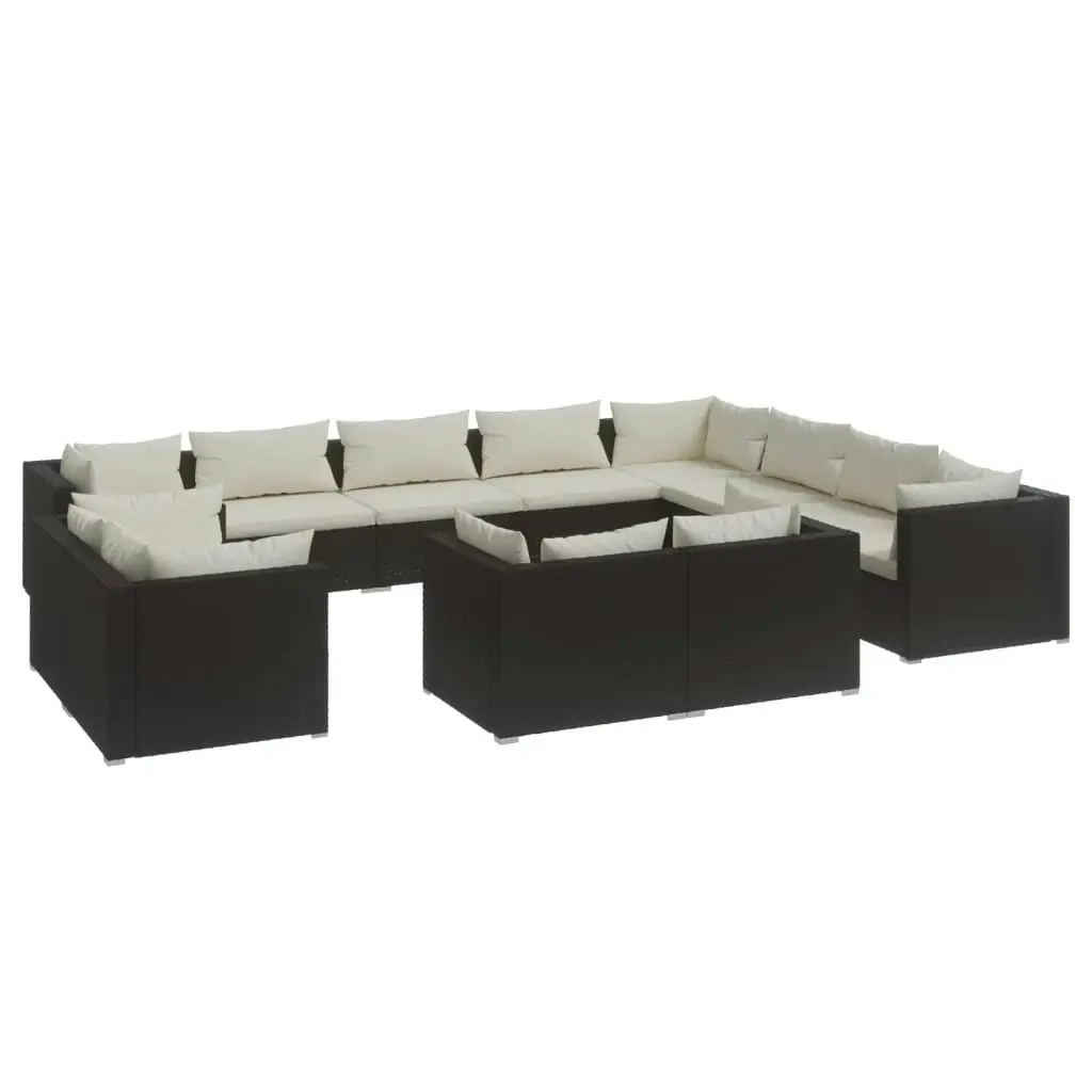 12 Piece Garden Lounge Set with Cushions Black Poly Rattan 3102887