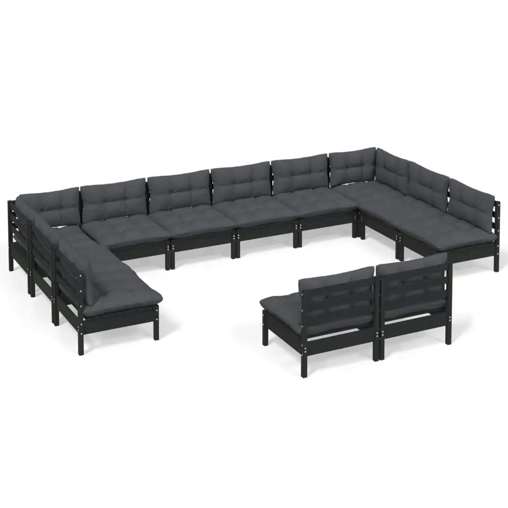 12 Piece Garden Lounge Set with Cushions Black Solid Pinewood 3097227