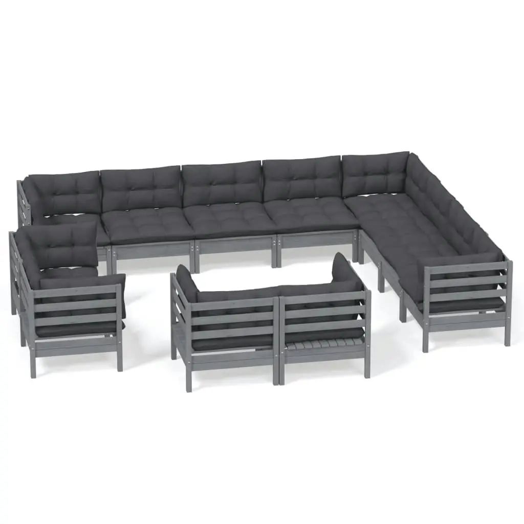 12 Piece Garden Lounge Set with Cushions Grey Solid Pinewood 3096949