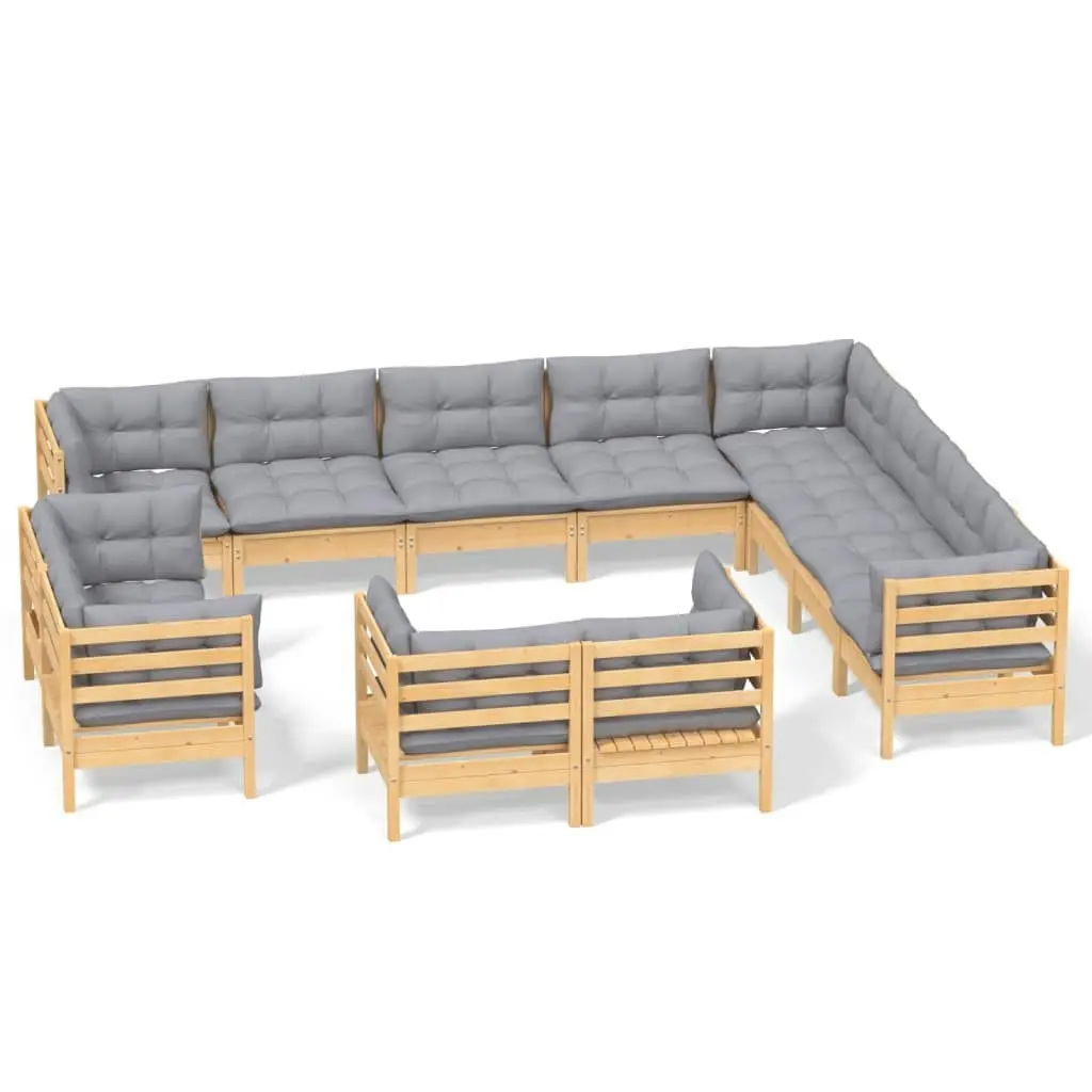 12 Piece Garden Lounge Set with Grey Cushions Solid Pinewood 3096946