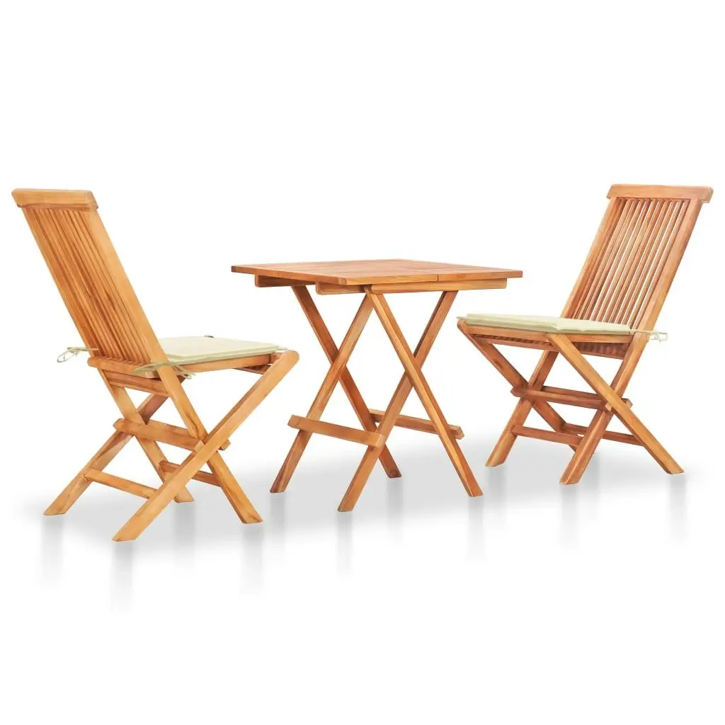 3 Piece Bistro Set with Cream Cushions Solid Teak Wood 3063227