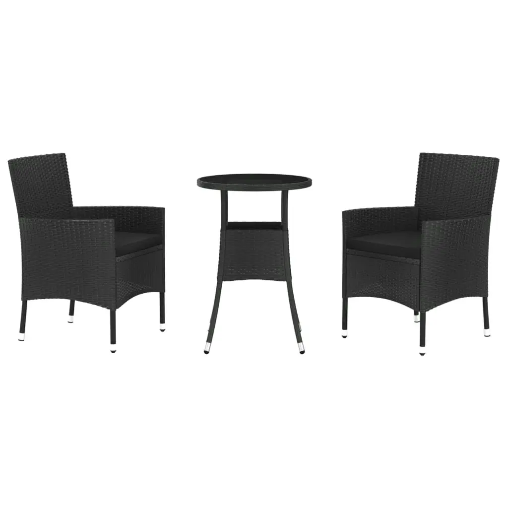 3 Piece Garden Bistro Set with Cushions Black Poly Rattan 3187416