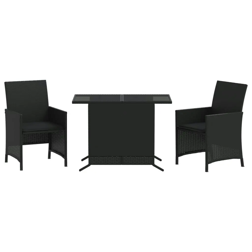 3 Piece Bistro Set with Cushions Black Poly Rattan 365117