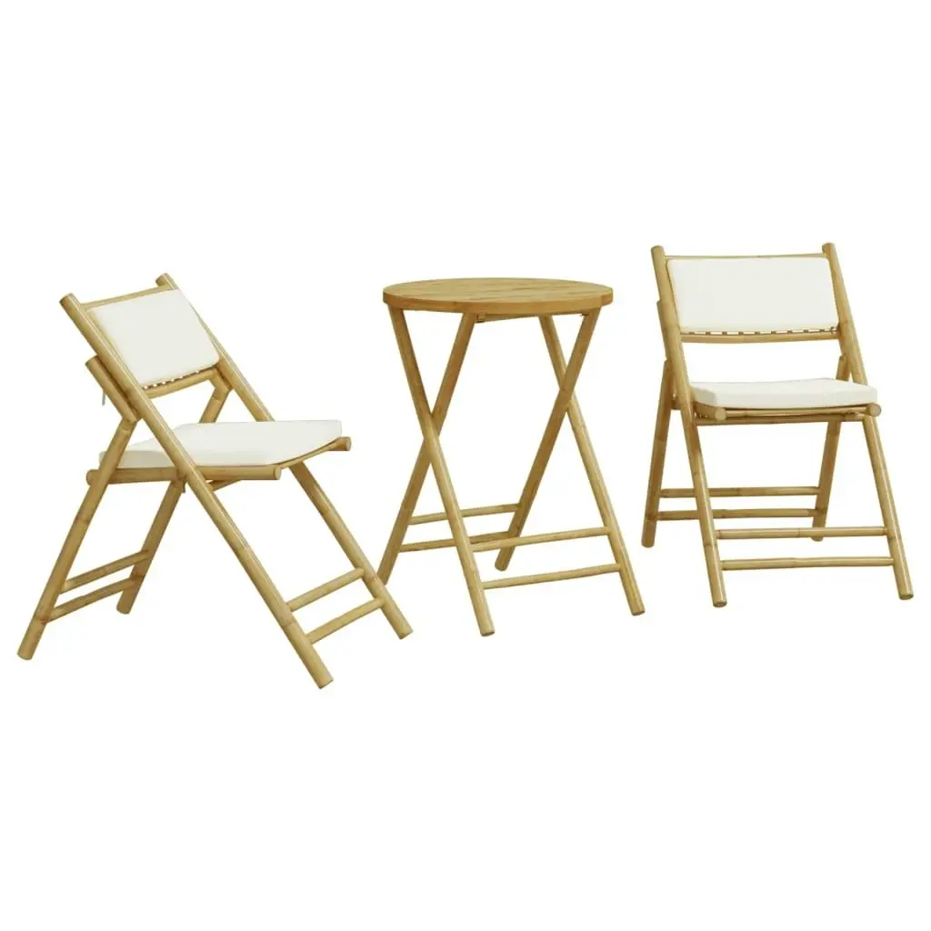 3 Piece Folding Bistro Set with Cream White Cushions Bamboo 3208939