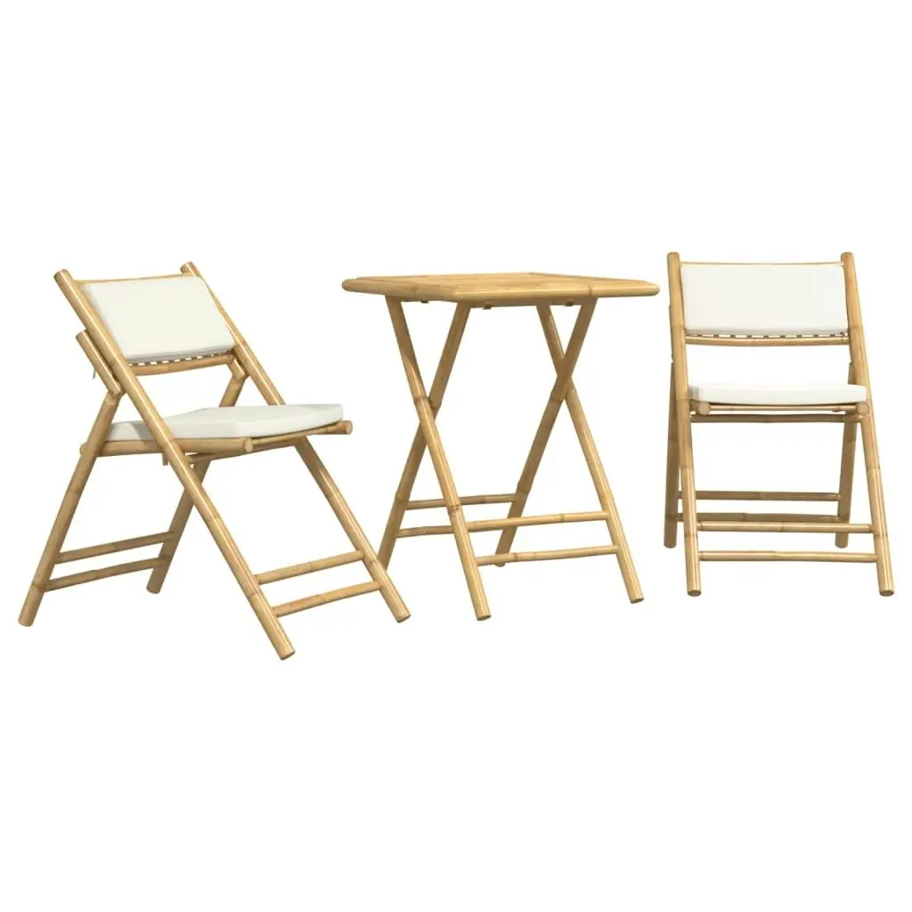 3 Piece Folding Bistro Set with Cream White Cushions Bamboo 3208933