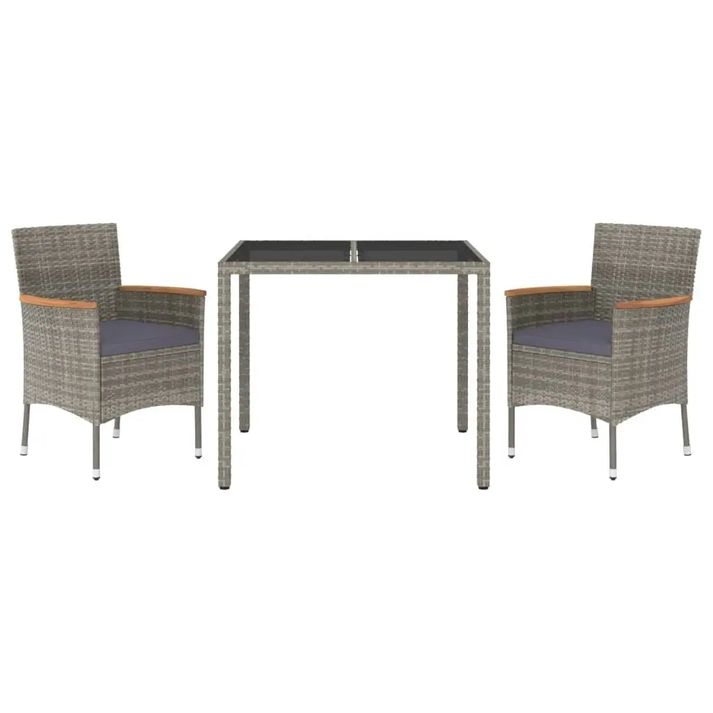 3 Piece Garden Dining Set with Cushions Grey Poly Rattan 3187380